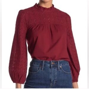 Madewell Pieced Eyelet Mockneck Ruffle Top Red Long Sleeve Blouse Size M